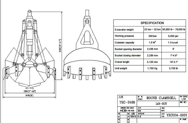 YRC2400 Round Hydraulic Clamshell Bucket Specification