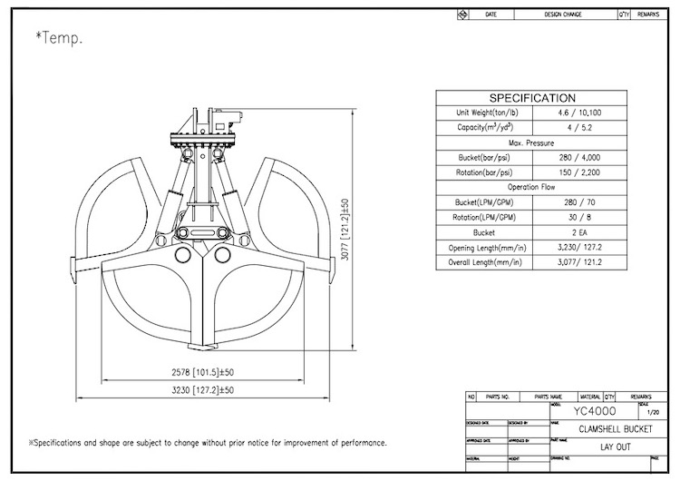 Clamshell Bucket YC4000 Drawing