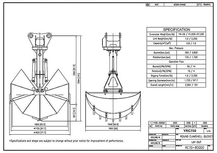 Round Hydraulic Clamshell Bucket YRC700 Drawing