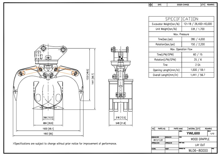 Wood Grapple YWL600 Drawing