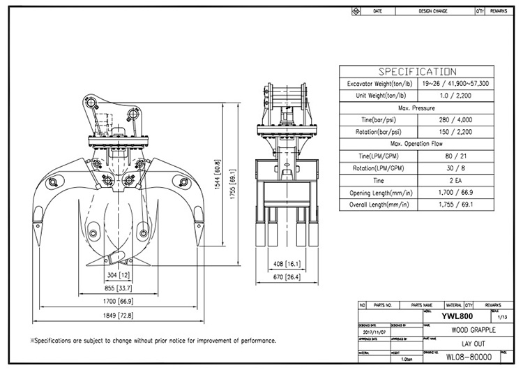 Wood Grapple YWL800 Drawing