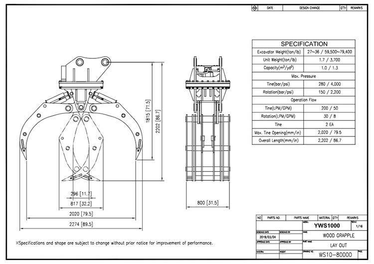 Wood Grapple YWS1000 Drawing